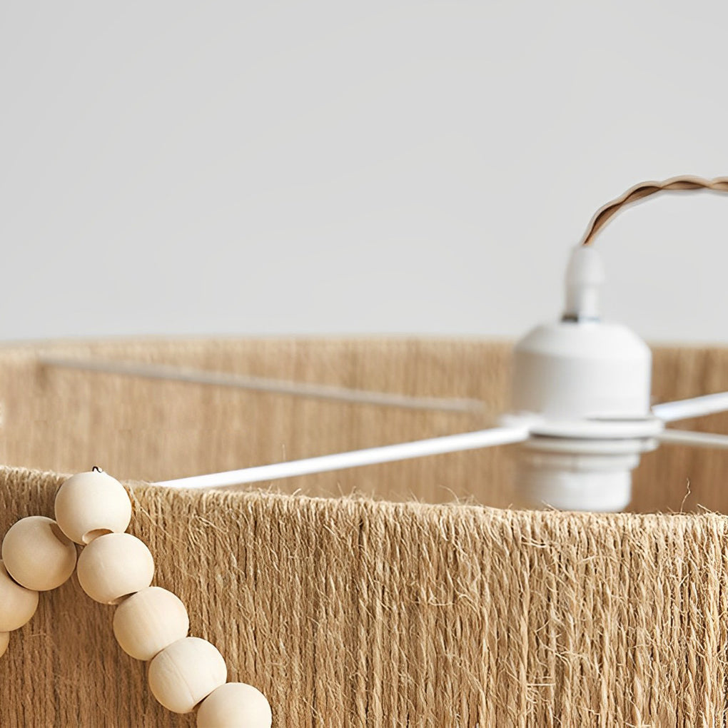 Boho Chandelier Pendant Lamp with Twine Rope, Wood Beads, and Tassels