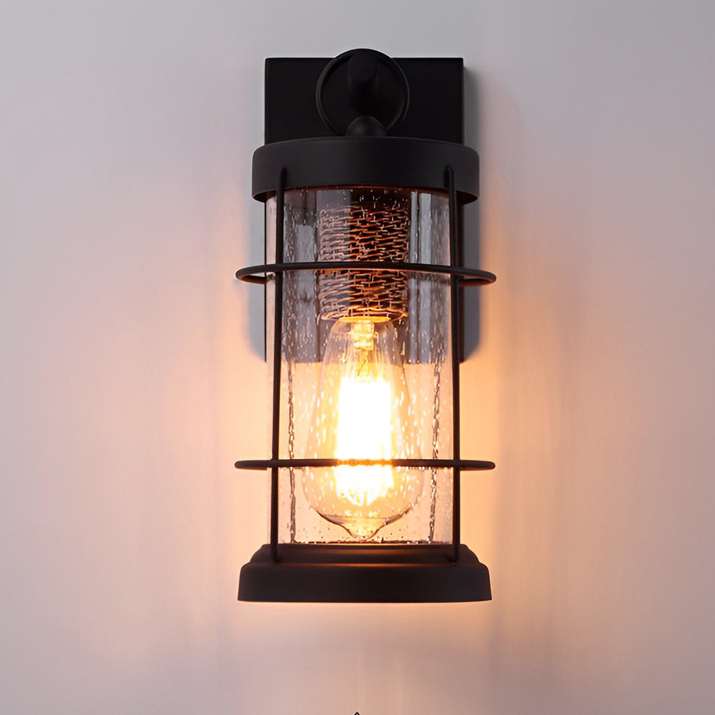 Waterproof Black Retro Rustic Iron Glass Lantern Exterior Wall Light