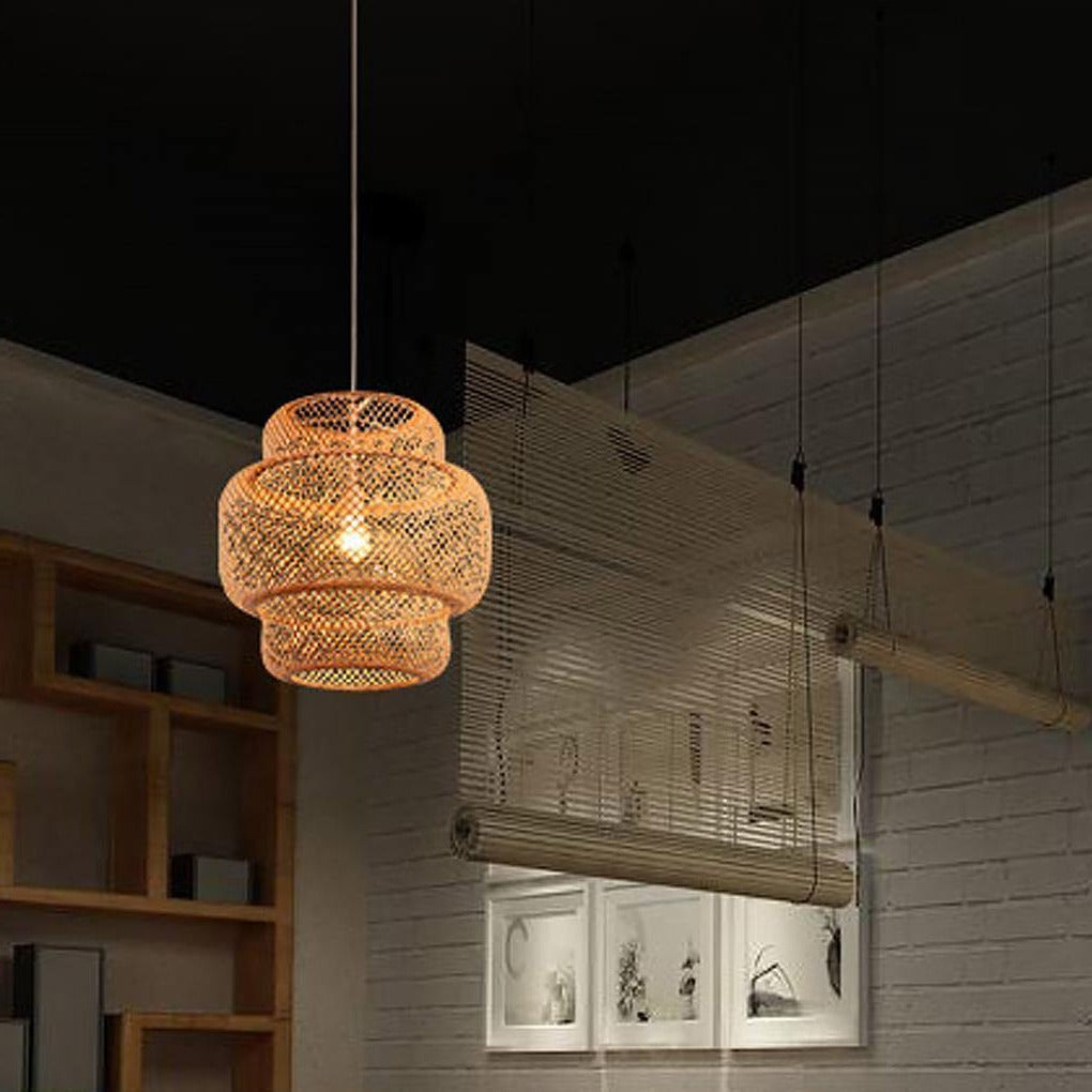 3-Tier Bamboo Woven Pendant Light - Rustic 1-Light Cylinder Fixture for Living Room
