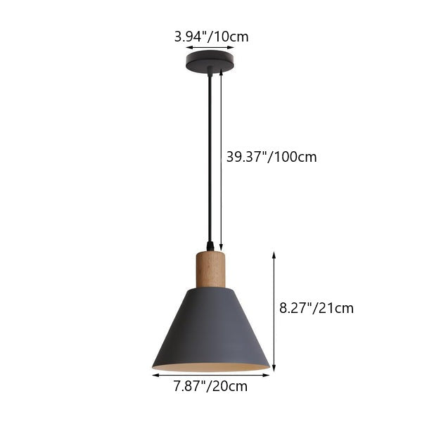 Vintage Iron Wood Round Cone Pendant Light - 1-Light Fixture for Living Room