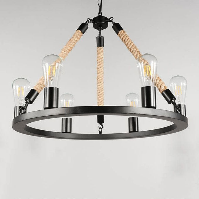 Industrial Black Metal 6/8 Light Hemp Rope Chandelier