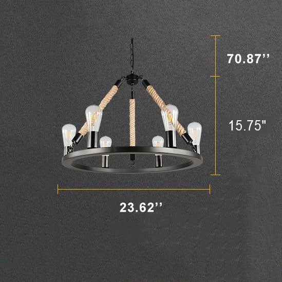 Industrial Black Metal 6/8 Light Hemp Rope Chandelier