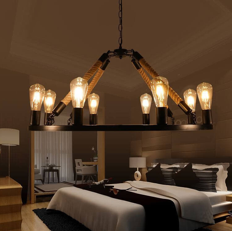 Industrial Black Metal 6/8 Light Hemp Rope Chandelier