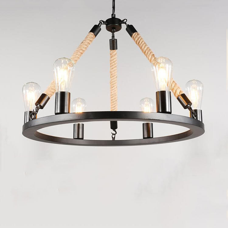 Industrial Black Metal 6/8 Light Hemp Rope Chandelier