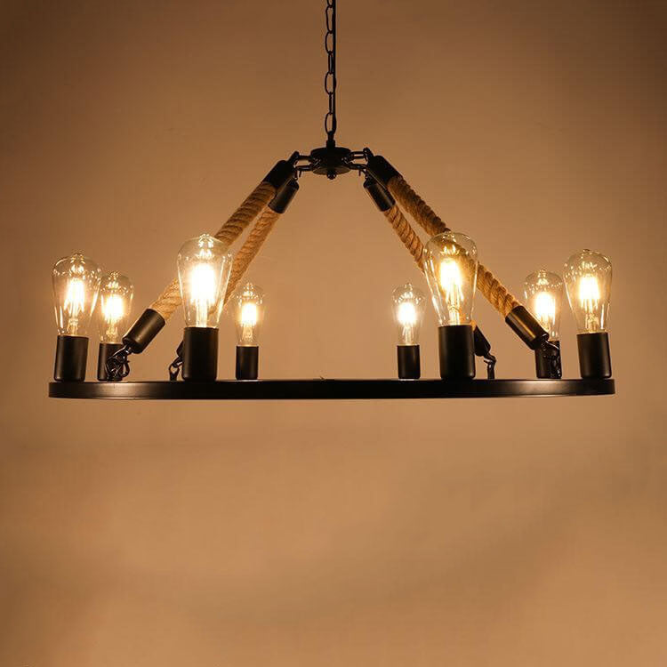 Industrial Black Metal 6/8 Light Hemp Rope Chandelier