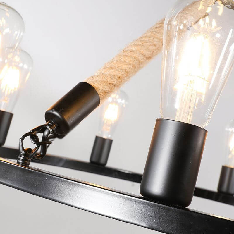 Industrial Black Metal 6/8 Light Hemp Rope Chandelier