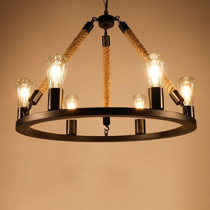 Industrial Black Metal 6/8 Light Hemp Rope Chandelier