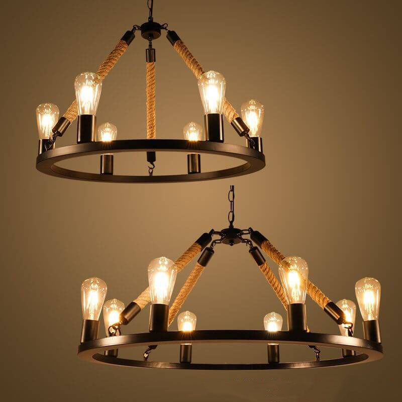 Industrial Black Metal 6/8 Light Hemp Rope Chandelier