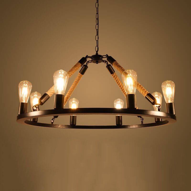 Industrial Black Metal 6/8 Light Hemp Rope Chandelier