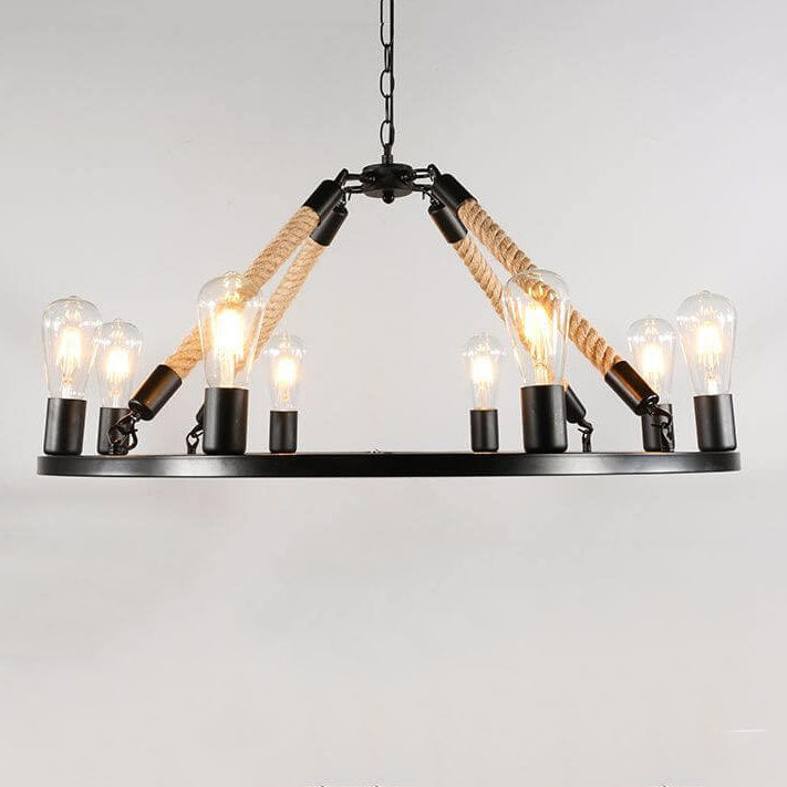 Industrial Black Metal 6/8 Light Hemp Rope Chandelier