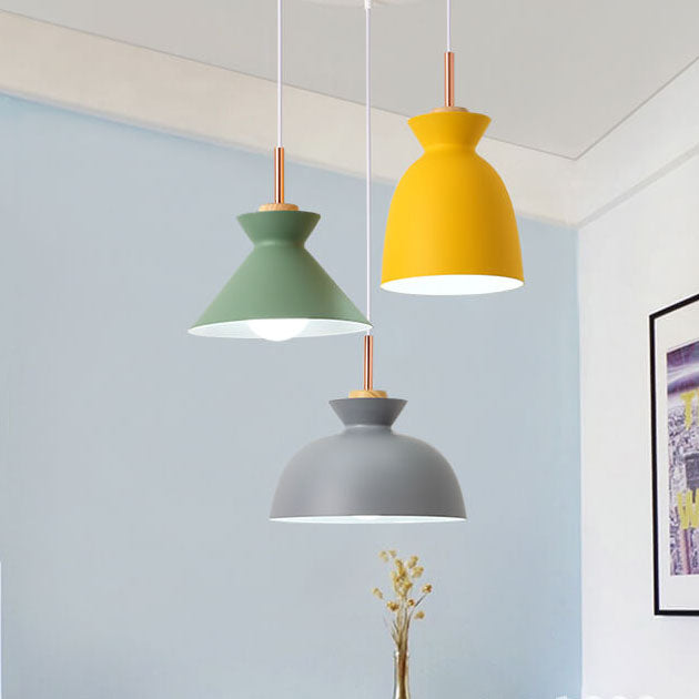 Contemporary Nordic Oak Wood Iron Bell Pendant Light – 1-Light Dome for Living Room