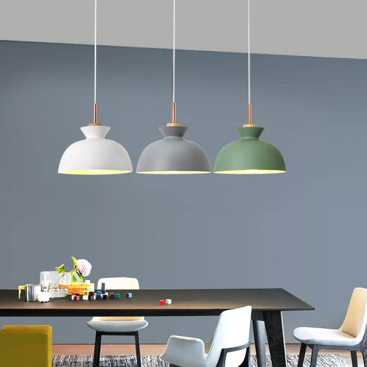 Contemporary Nordic Oak Wood Iron Bell Dome Pendant Light 1-Light Living Room