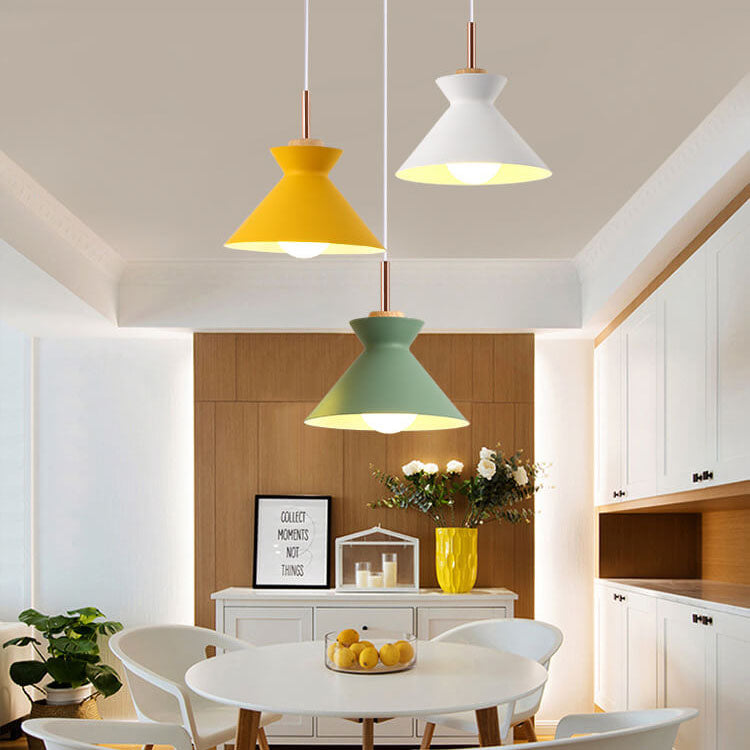 Contemporary Nordic Oak Wood Iron Bell Dome Pendant Light 1-Light Living Room