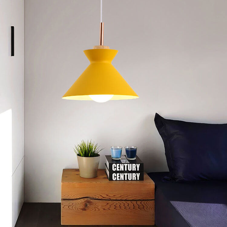 Contemporary Nordic Oak Wood Iron Bell Dome Pendant Light 1-Light Living Room