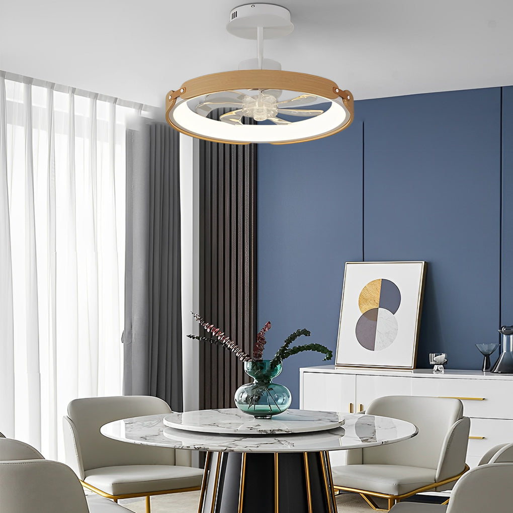 Round Wood LED Bladeless Ceiling Fan - 3 Step Dimming & App Control