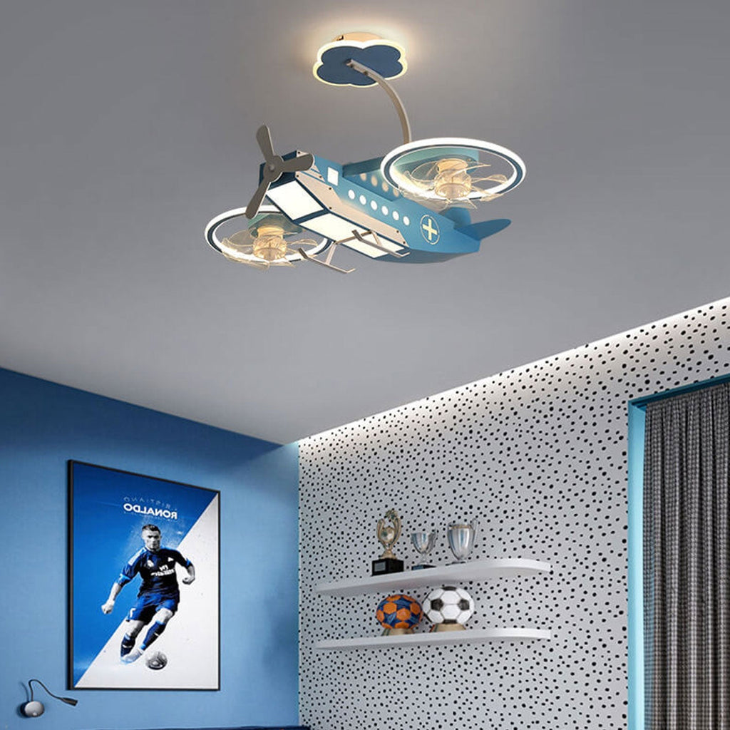 Creative Cartoon Aircraft Ceiling Fan Light for Kids Room, Fun Flush Mount Design, Airplane-Themed Illumination, Ideal for Nursery & Playroom Decor