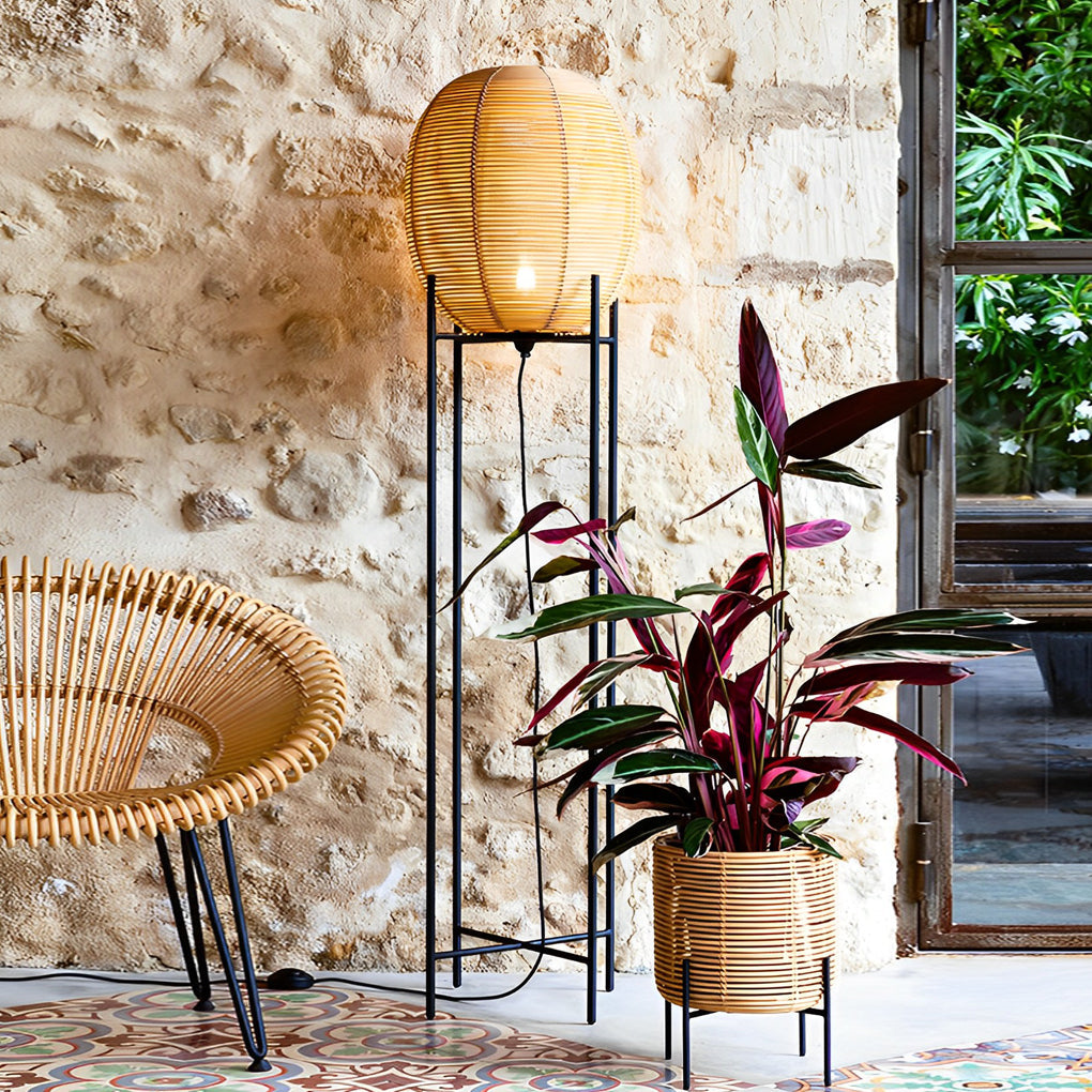 Rustic Boho Rattan Metal Frame Floor Lamp - Chic Accent Lighting for Home Decor