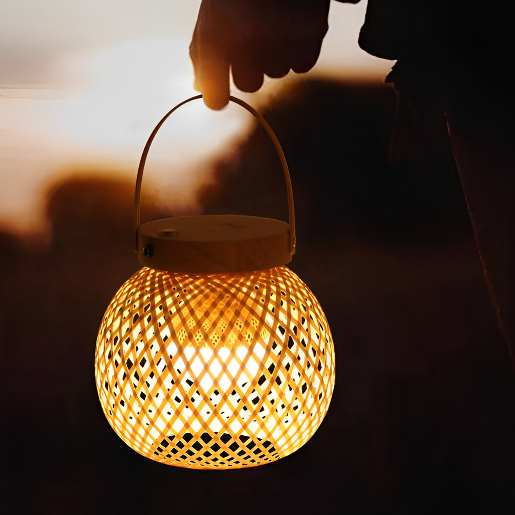 Rustic Bamboo Lantern Table Lamp with Handle – Portable Woven Design for Home Decor and Outdoor Use