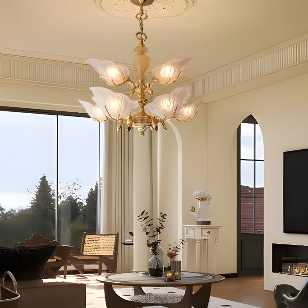 9-Light Italian Brass Chandelier with Murano Glass Leaves