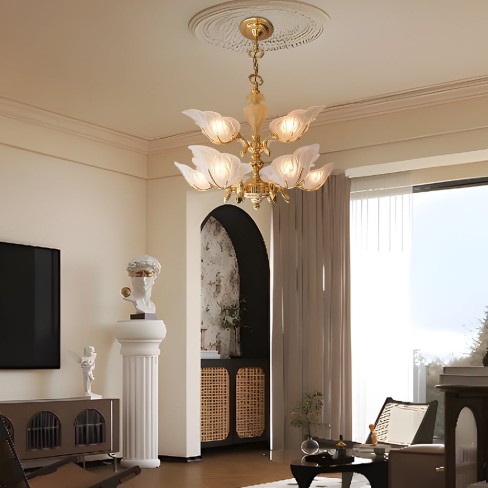 9-Light Italian Brass Chandelier with Murano Glass Leaves