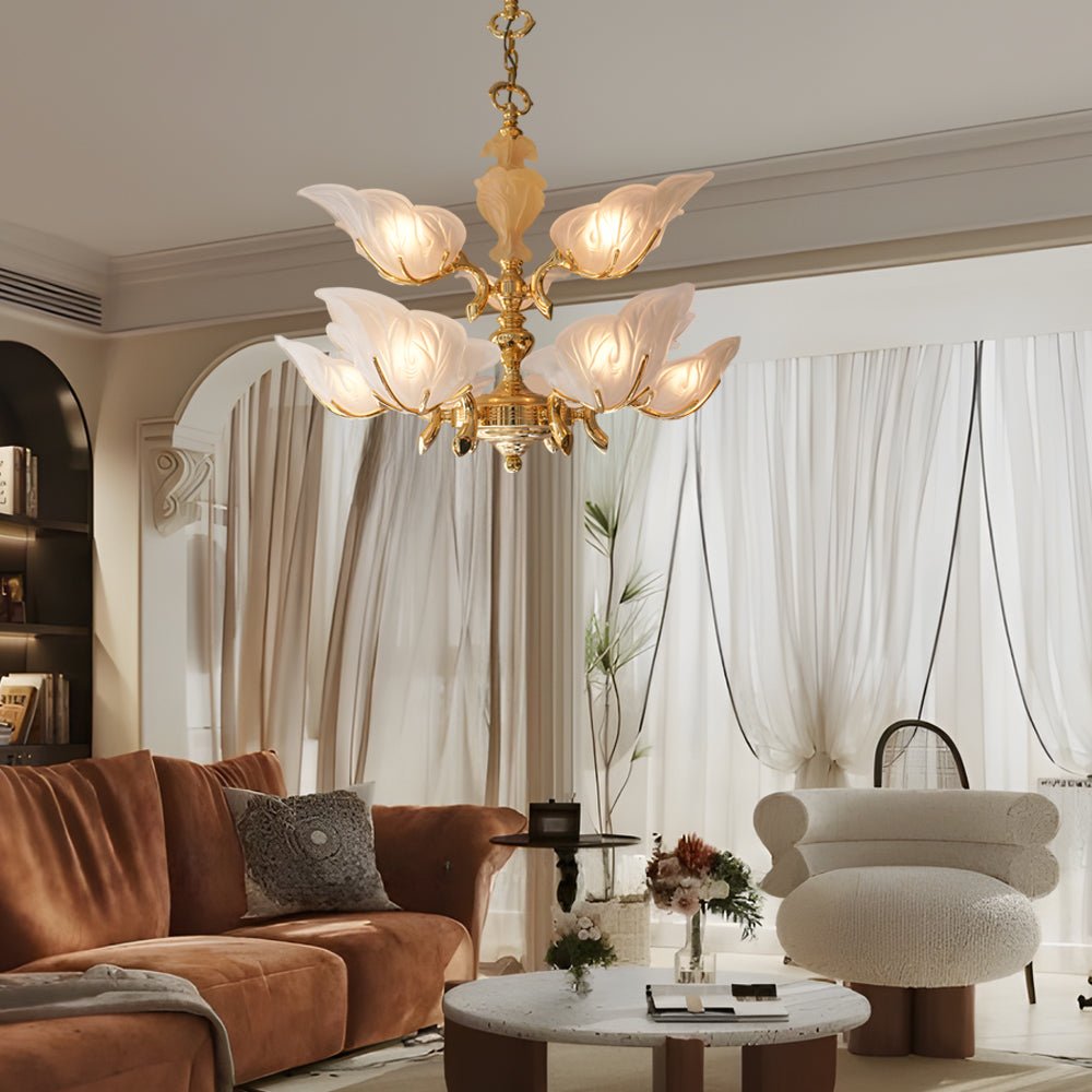 9-Light Italian Brass Chandelier with Murano Glass Leaves