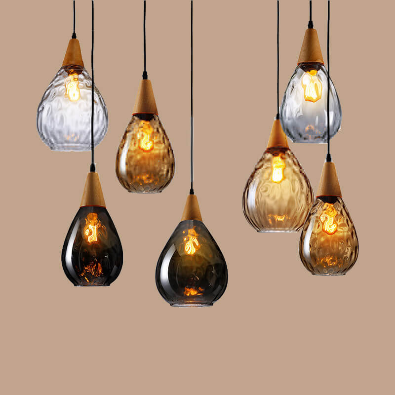 Modern Minimalist Round Ripple Pendant Light - Glass & Wood, 1-Light Design for Bedroom Lighting