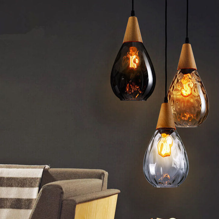 Modern Minimalist Round Ripple Pendant Light - Glass & Wood, 1-Light Design for Bedroom Lighting