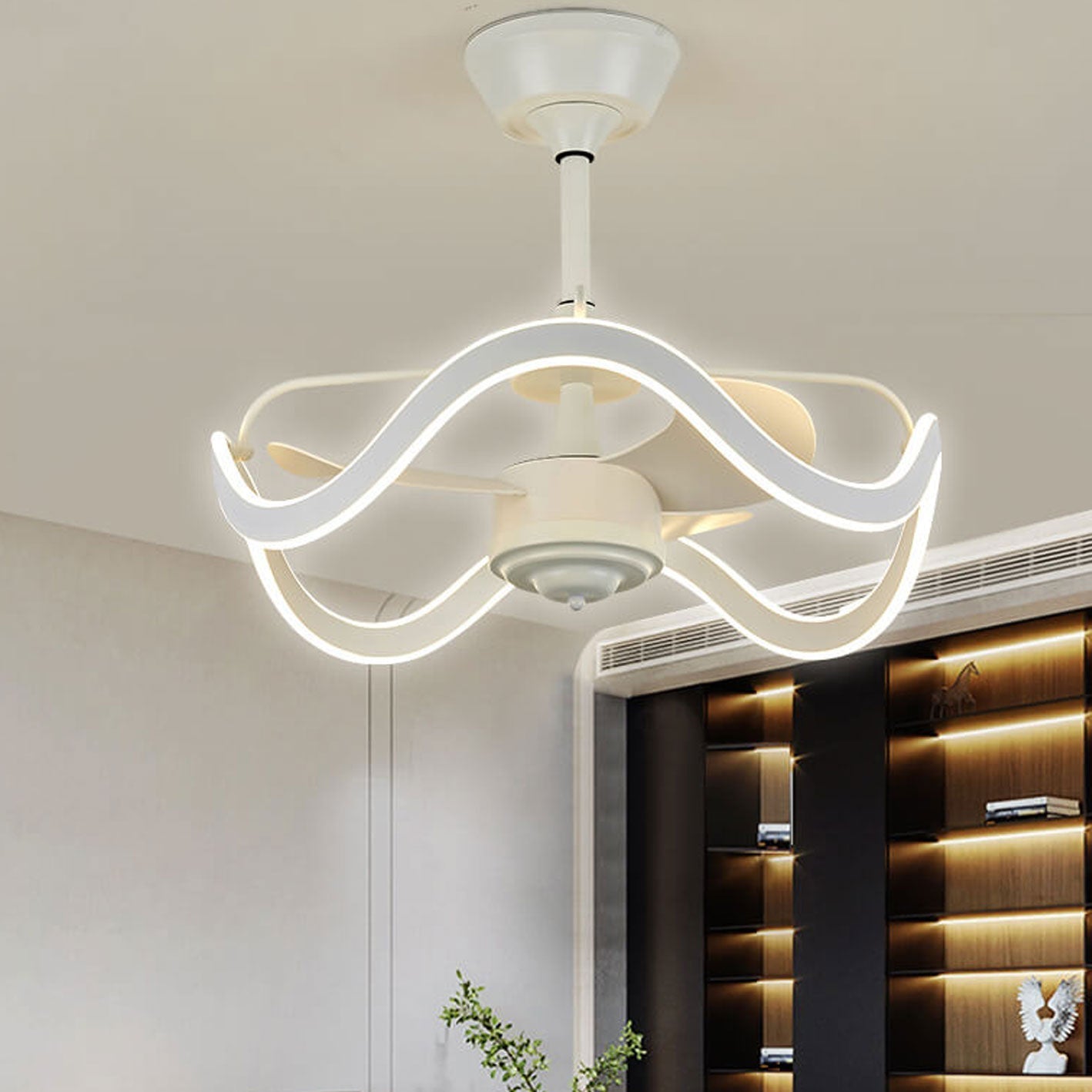 Modern Luxury Circular Inverter Silent Downrod Ceiling Fan Light