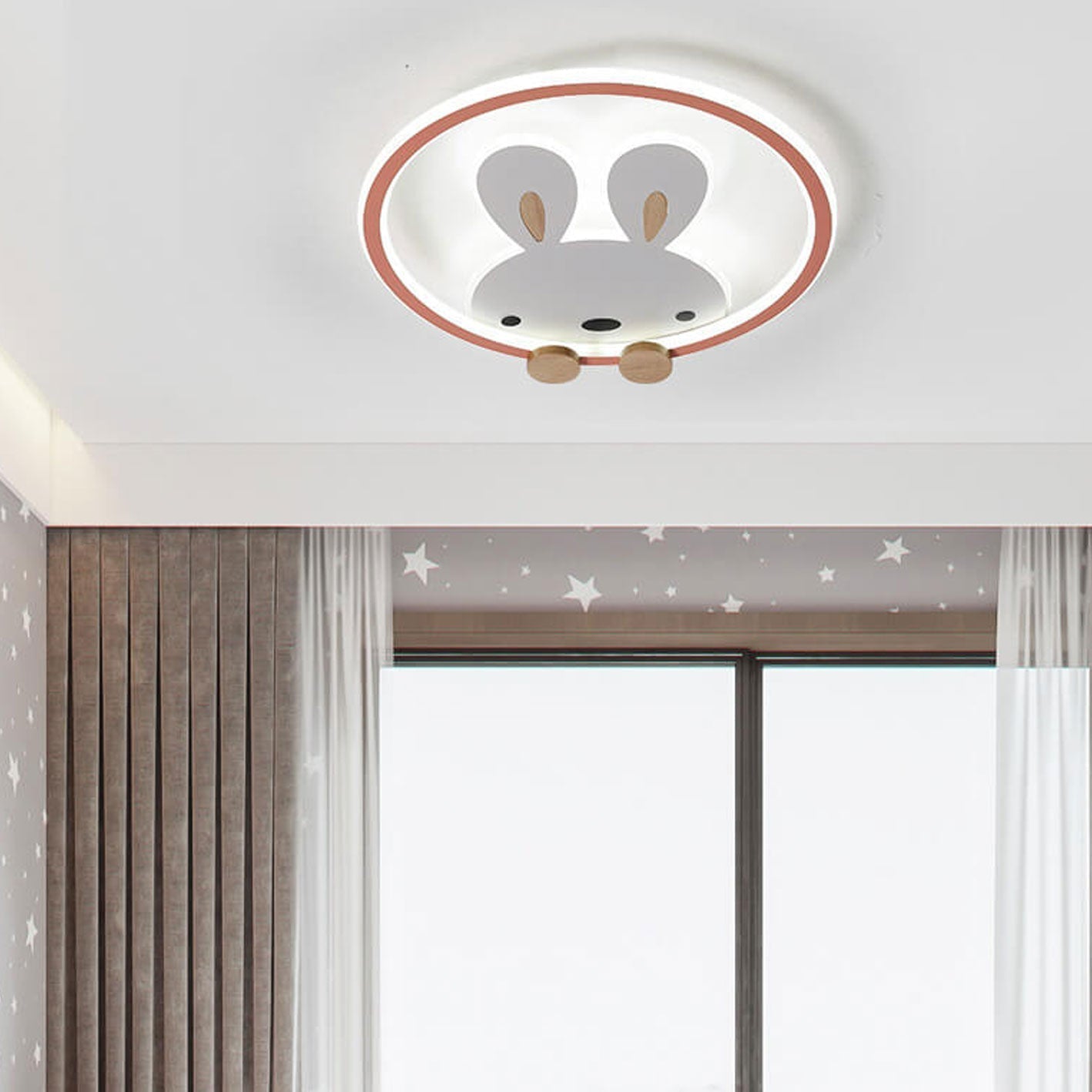 Childlike Modern Cartoon Rabbit LED Flush Mount Light Ceiling Fixture Cute Bunny Design for Kids Room Nursery Playroom Aesthetic Lighting Decor Kids Bedroom Illumination Creative Playful Home Lighting Children's Room Ceiling Light