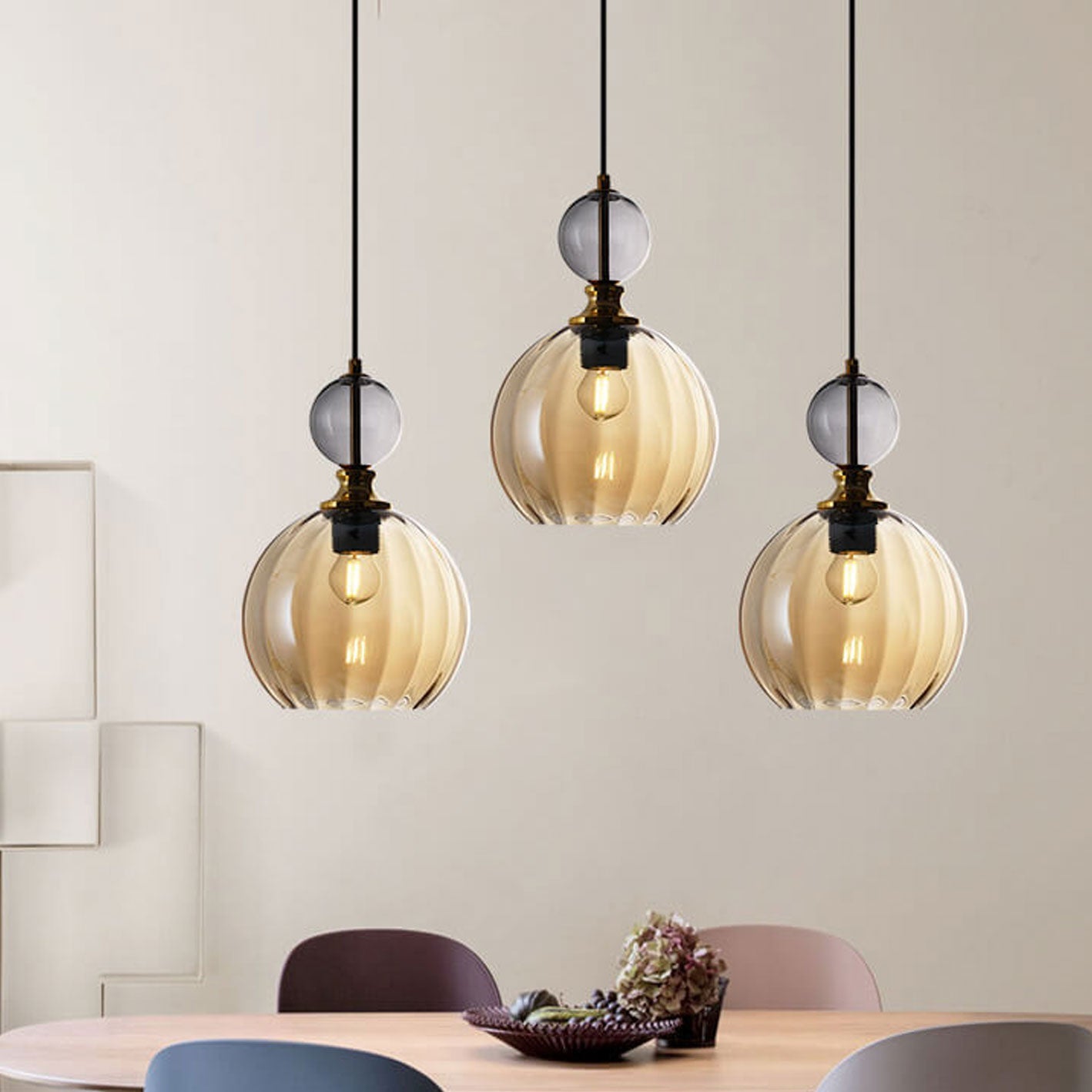 Danish Creative Stripes Round Glass 1/3 Light Chandelier - Modern Lighting Fixture, Unique Design, Home Décor, Elegant Illumination