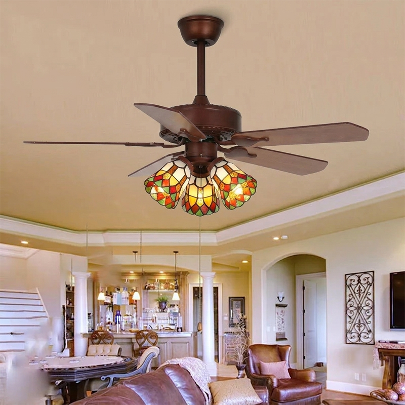 Tiffany Style Flower Stained Glass 3-Light Ceiling Fan Light for Living Room