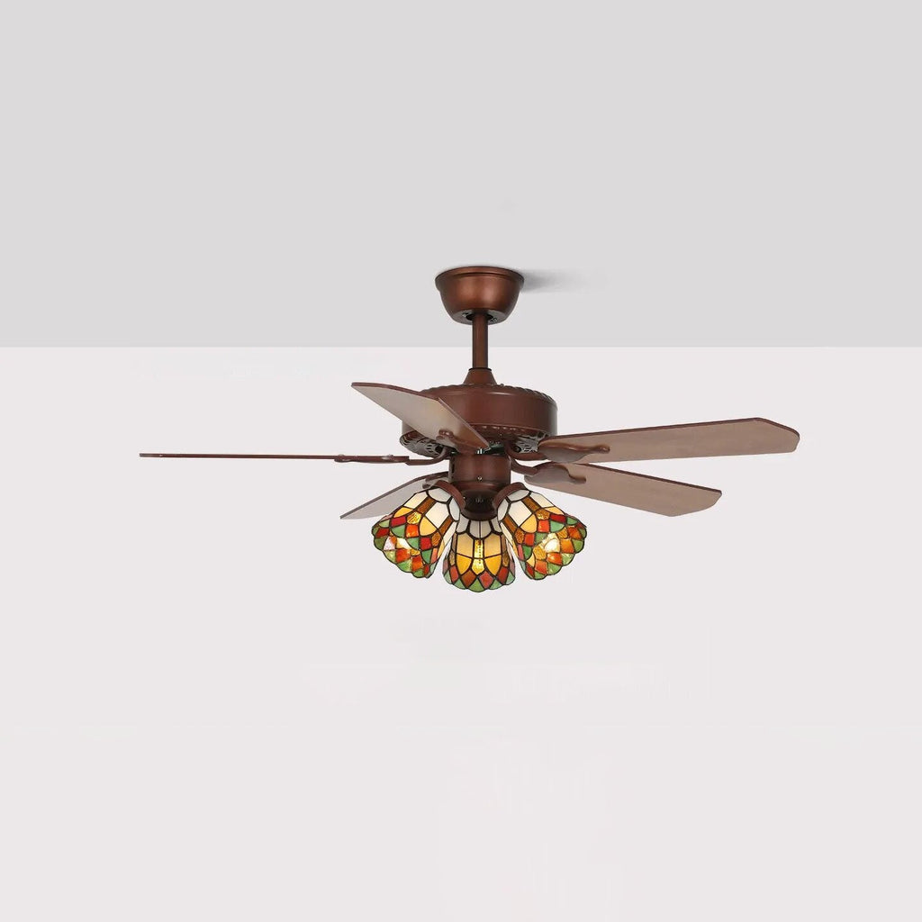 Tiffany Style Flower Stained Glass 3-Light Ceiling Fan Light for Living Room