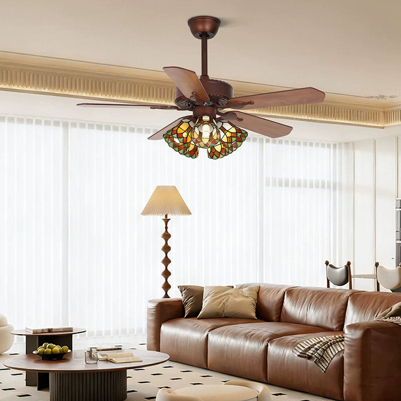 Tiffany Style Flower Stained Glass 3-Light Ceiling Fan Light for Living Room