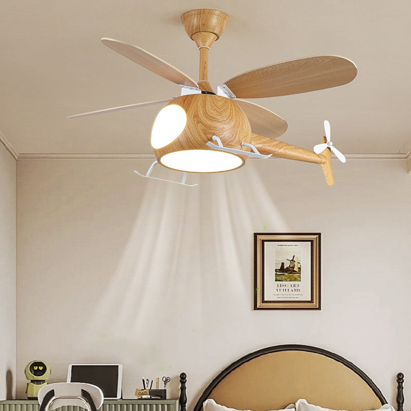 Contemporary Creative Kids Airplane-Shaped Wooden Iron Acrylic LED Downrods Ceiling Fan Light for Bedroom, Unique Airplane Ceiling Fan for Kids Room, Modern LED Ceiling Light, Decorative Airplane Light Fixture, Fun Bedroom Lighting, Childrens Room Ceiling