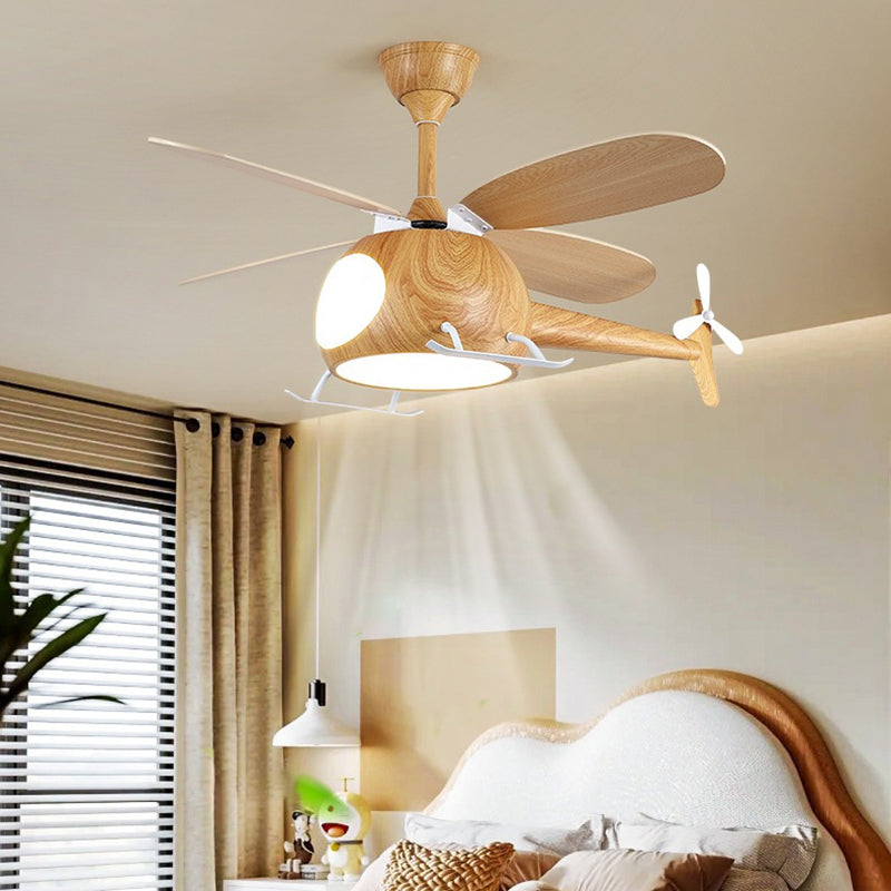 Airplane-Shaped Wooden LED Ceiling Fan Light for Kids' Bedroom