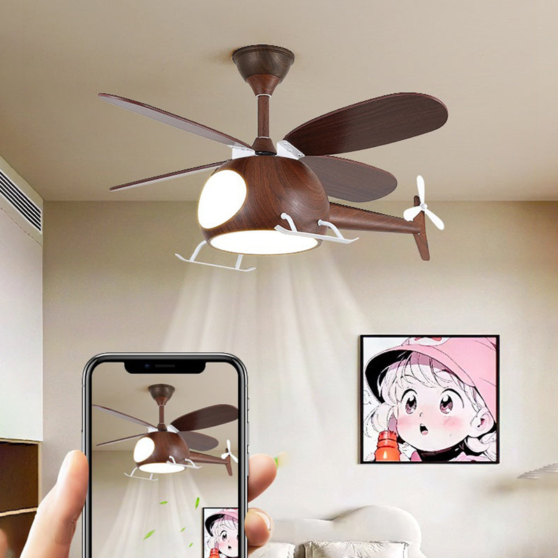 Contemporary Creative Kids Airplane-Shaped Wooden Iron Acrylic LED Downrods Ceiling Fan Light for Bedroom, Unique Airplane Ceiling Fan for Kids Room, Modern LED Ceiling Light, Decorative Airplane Light Fixture, Fun Bedroom Lighting, Childrens Room Ceiling