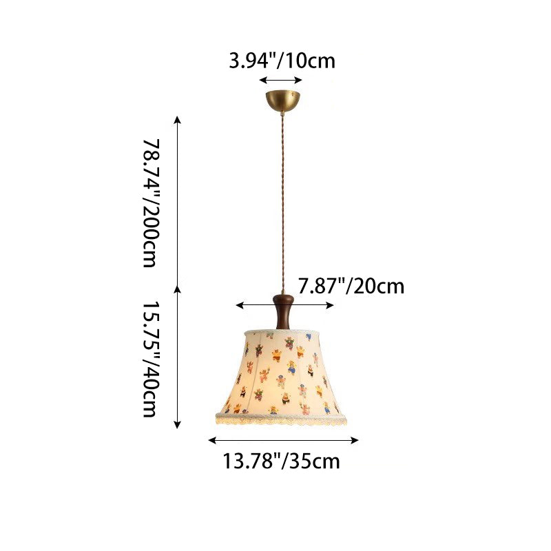Traditional Vintage Kids Cylindrical Iron Solid Wood Fabric 1-Light Pendant Light for Bedroom, Retro Kids Room Lighting, Unique Children’s Pendant Fixture, Nursery Vintage Decor, Creative Iron and Wood Hanging Light, Stylish Playroom Illumination, Classic
