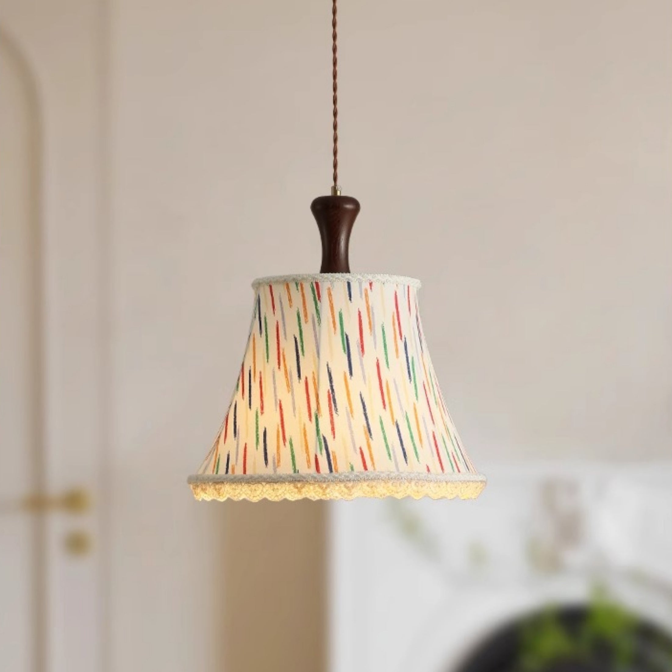 Traditional Vintage Kids Cylindrical Iron Solid Wood Fabric 1-Light Pendant Light for Bedroom, Retro Kids Room Lighting, Unique Children’s Pendant Fixture, Nursery Vintage Decor, Creative Iron and Wood Hanging Light, Stylish Playroom Illumination, Classic