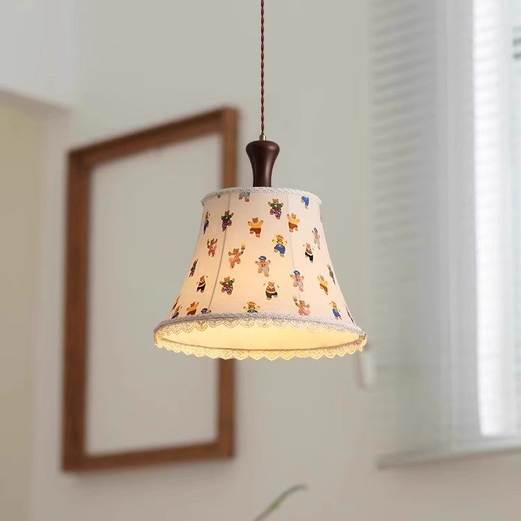 Traditional Vintage Kids Cylindrical Iron Solid Wood Fabric 1-Light Pendant Light for Bedroom, Retro Kids Room Lighting, Unique Children’s Pendant Fixture, Nursery Vintage Decor, Creative Iron and Wood Hanging Light, Stylish Playroom Illumination, Classic