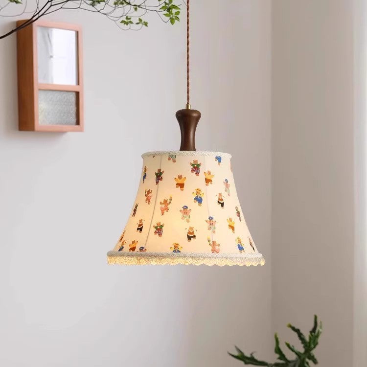 Traditional Vintage Kids Cylindrical Iron Solid Wood Fabric 1-Light Pendant Light for Bedroom, Retro Kids Room Lighting, Unique Children’s Pendant Fixture, Nursery Vintage Decor, Creative Iron and Wood Hanging Light, Stylish Playroom Illumination, Classic
