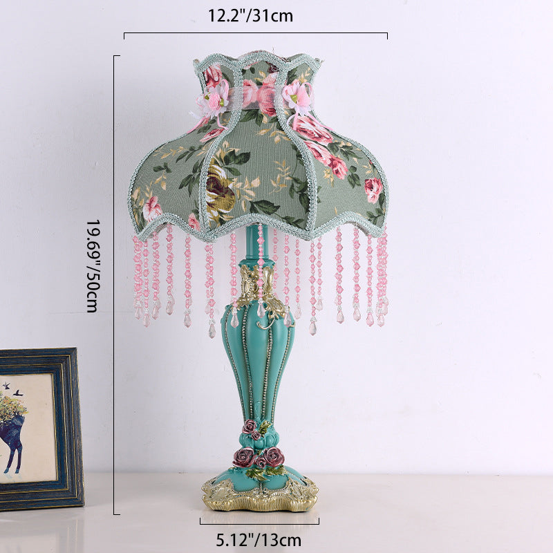Traditional French Floral Pattern Round Fringe Resin Fabric 1-Light Table Lamp for Bedroom, Vintage Floral Lamp, Elegant Home Decor Lighting, Chic Bedroom Accent Light, Shabby Chic Table Lamp, Decorative Lighting for Living Room or Office, Stylish Resin L