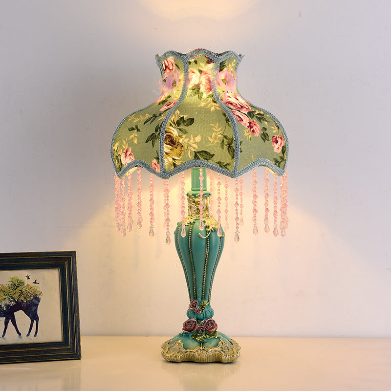 Traditional French Floral Round Fringe Table Lamp for Bedroom Lighting