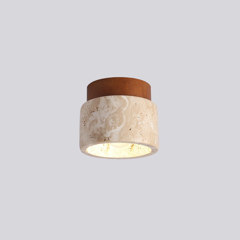 Traditional Japanese Round Yellow Travertine Glass Semi-Flush Mount Ceiling Light for Hallways