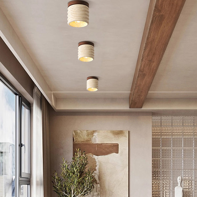 Traditional Japanese Round Yellow Travertine Glass Semi-Flush Mount Ceiling Light for Hallways