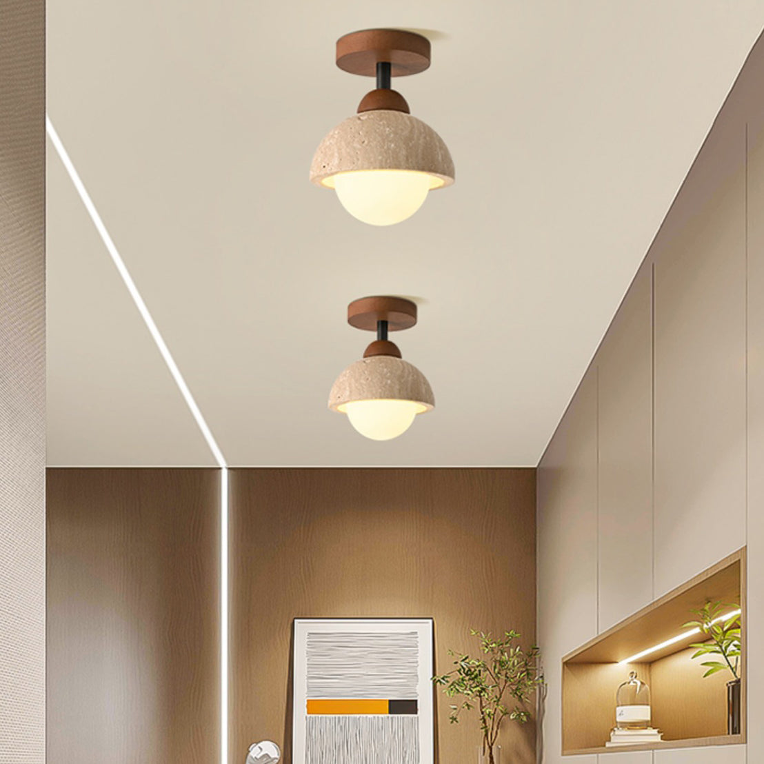 Traditional Japanese Round Yellow Travertine Glass Semi-Flush Mount Ceiling Light for Hallways