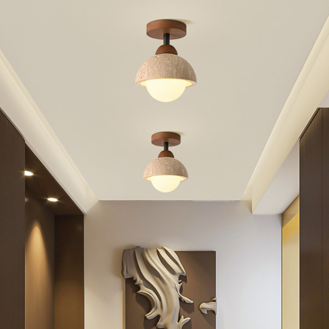 Traditional Japanese Round Yellow Travertine Glass Semi-Flush Mount Ceiling Light for Hallways