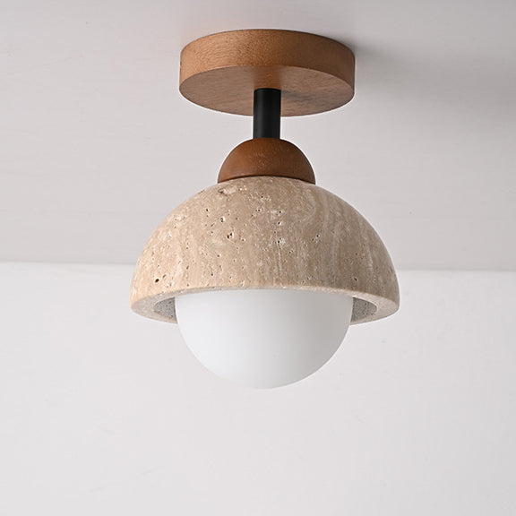 Traditional Japanese Round Yellow Travertine Glass Semi-Flush Mount Ceiling Light for Hallways