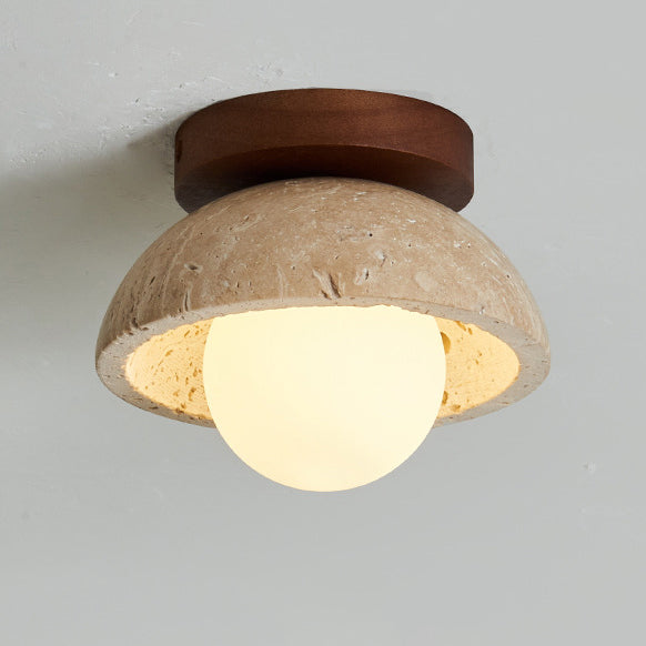 Traditional Japanese Round Yellow Travertine Glass Semi-Flush Mount Ceiling Light for Hallways