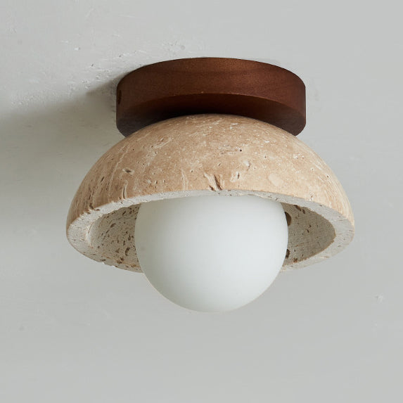 Traditional Japanese Round Yellow Travertine Glass Semi-Flush Mount Ceiling Light for Hallways