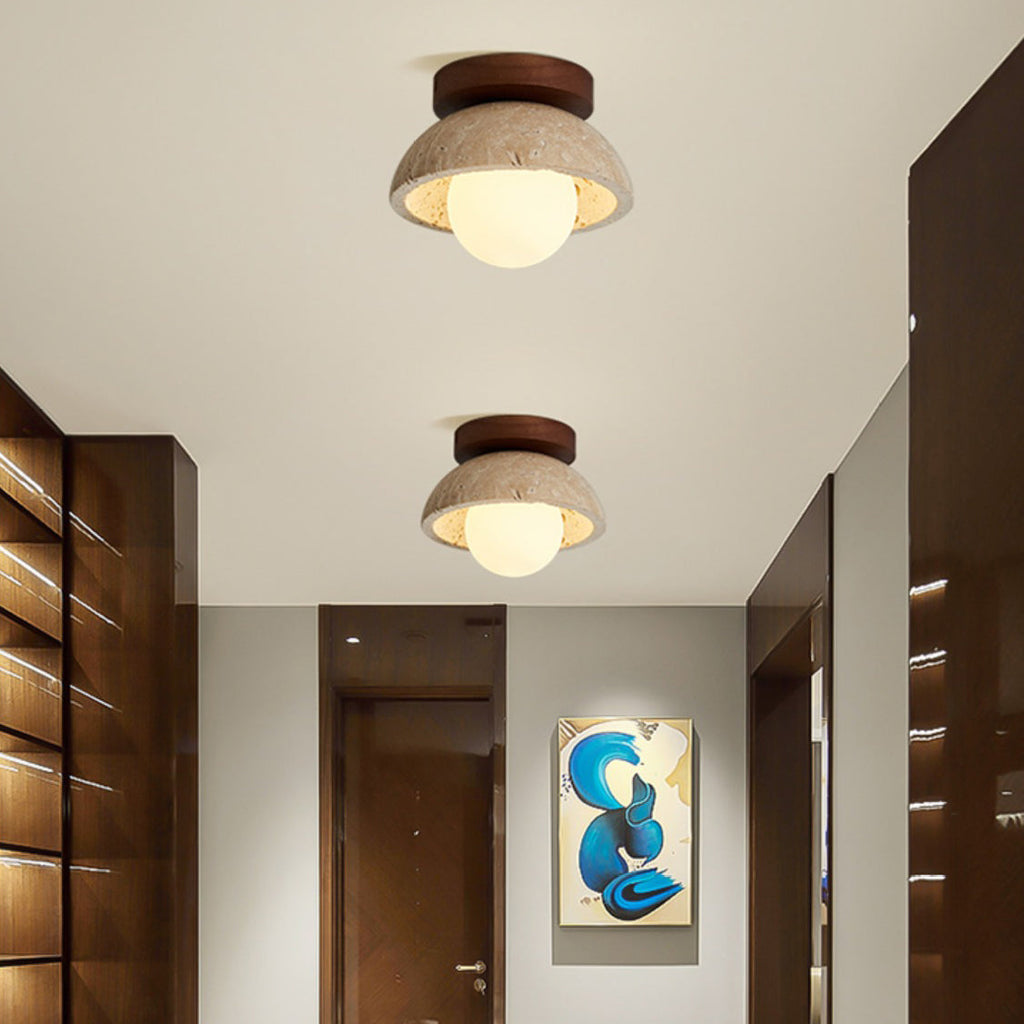 Traditional Japanese Round Yellow Travertine Glass Semi-Flush Mount Ceiling Light for Hallways